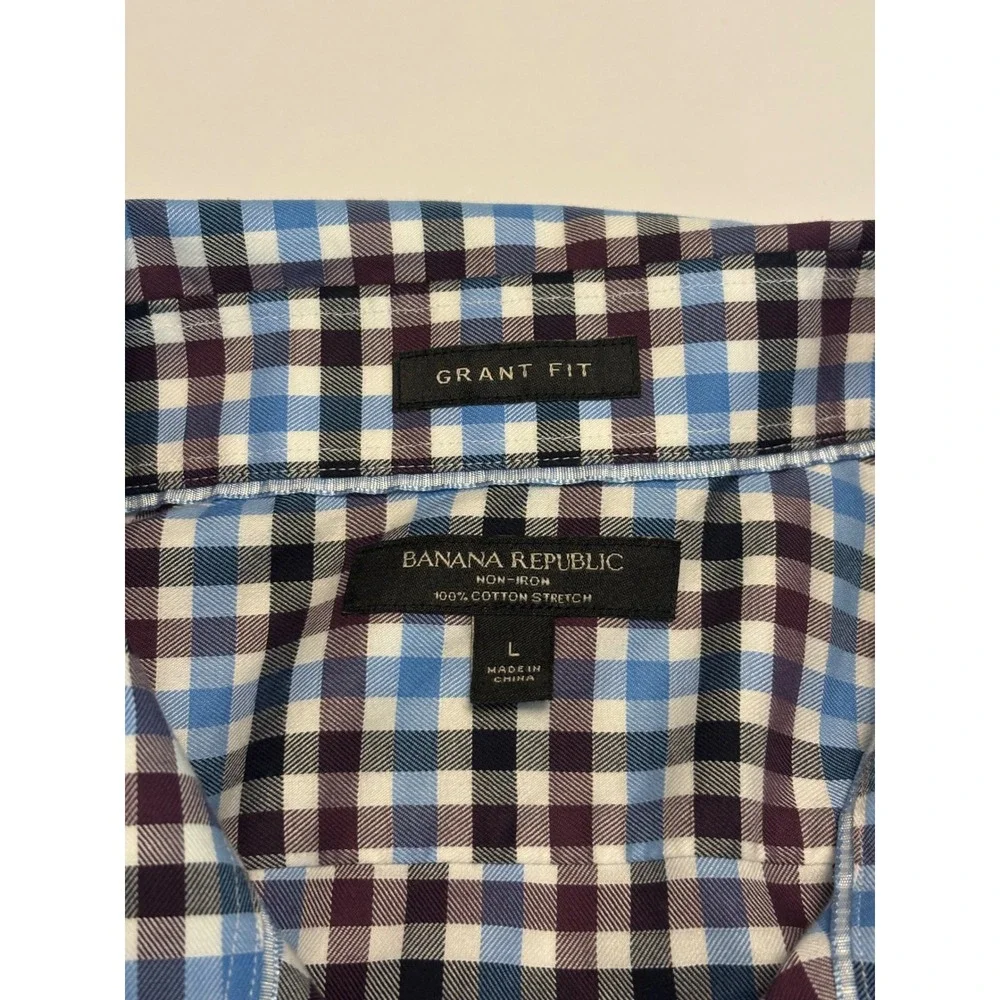 Banana Republic Button Down Mens Large Blue Gingham Grant Fit Non-Iron Stretch